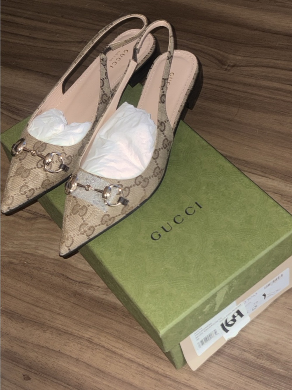 Gucci Beige Monogram Slingback Pointed Toe Mules with Gold Horsebit - Picture 2 of 2